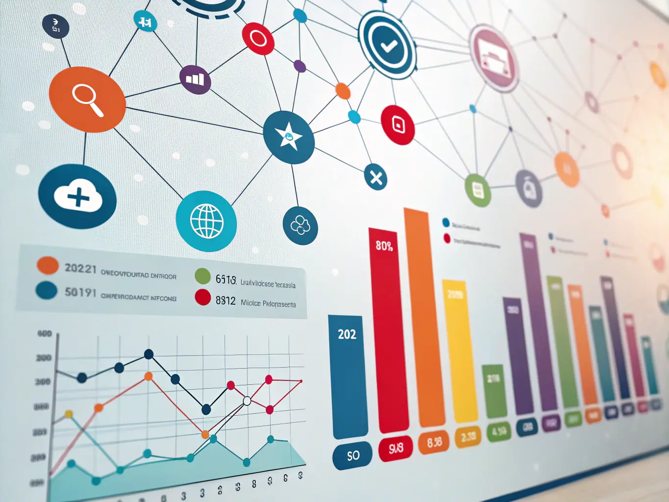 A visual roadmap with interconnected milestones and strategic icons on a digital screen, illustrating BeeVirtualSuite's project roadmapping and strategy services.